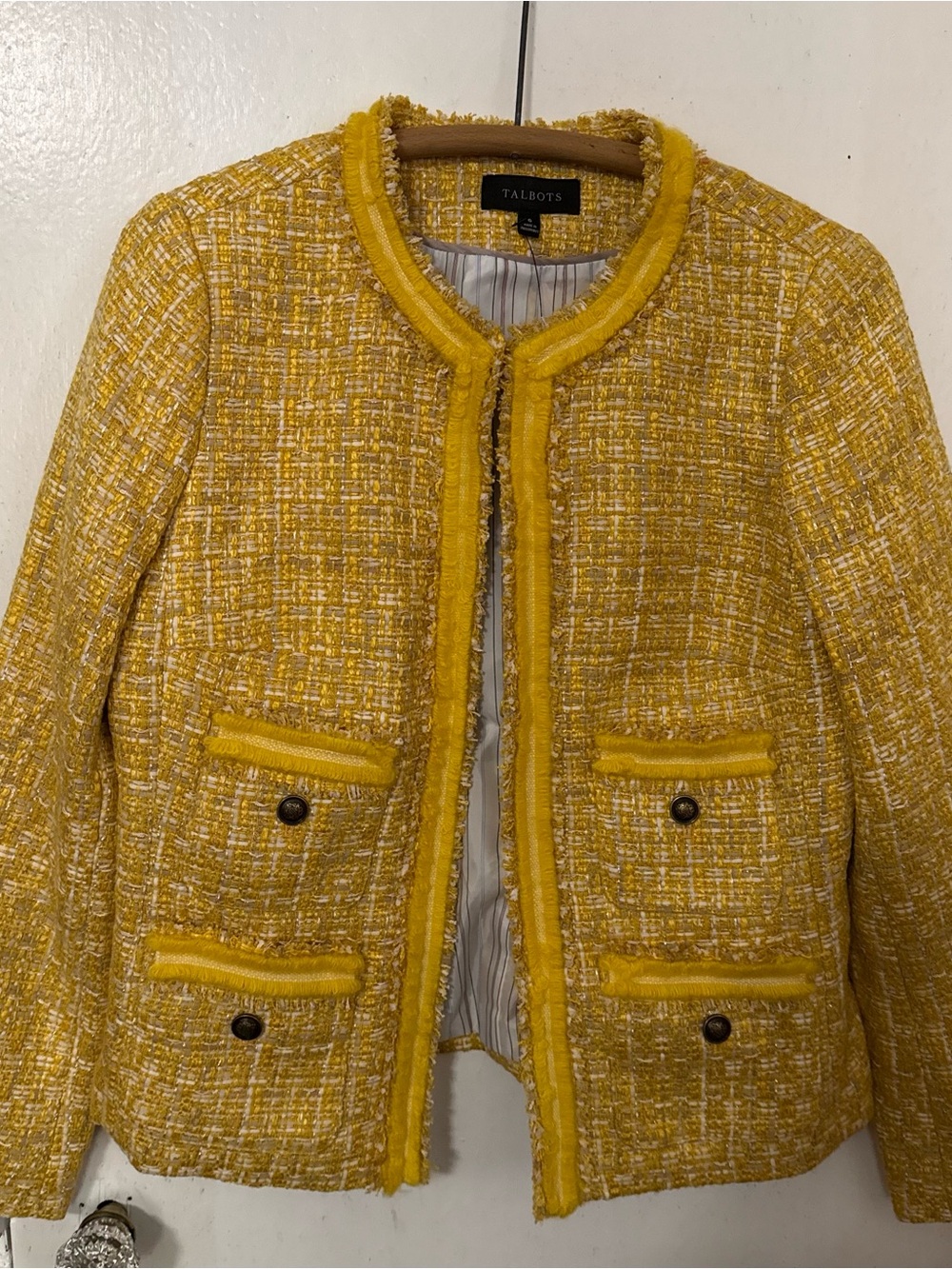 Talbots Yellow Tweed Fringe-Trim Collarless Jacket
